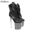 Sorbern Black Sequins Ankel Boot för kvinnor 20cm Spike Höga klackar 10cm Tjock Platform Skor Dam Heel Stor storlek 12 Korta Booties