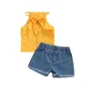 Clothing Sets 2Pcs Girls Summer Outfit Solid Color Flounce Sleeveless Tank Tops Frayed Denim Shorts For Kids 2-7 YearsClothing