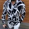 Punk Style Men's Silk Satin Black White stripe printing Shirts Male Slim Fit Long Sleeve Flower Casual Party Shirt Tops 220322