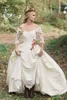 2022 Vintage Lace And Satin Country Wedding Gowns Half Sleeve Ivory Woodland Wedding Dresses Off The Shoulder A Line Court Train Bride Dress