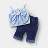 Koszulka odzieżowa Summer Girls 'Koreański Dżins Koszulka z krótkim rękawem + Wysoka talia Spódnica 2 sztuk Baby Kids Clothing Suitbers 220326