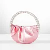 Kvällpåse Kvinnor Round Diamond Clutch Bag 2022 Chic Mini Designer Rose Red Pleated Rhinestone Handväska Hög kvalitet för bröllopsfest 220622