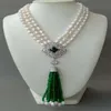 3 trådar Vit barock pärlhalsband CZ Pave Flower Green Jade Pendant Tassel