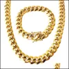 Andra smyckesuppsättningar JCH rostfritt ståluppsättning 24K Guldpläterad högkvalitativ kubansk länkhalsband armband Mens Curb Chain 1.4cm 8.5 "/22"/24quo