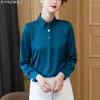 Kvinnors Blusar SHIRTS Vår Sommar Långärmad Skjorta Kvinnor Elegant Ol Smooth Silk Satin Femme Fashion Koreanska Kläder Rosa Vit Blå Top