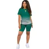 Kvinnor 2-delade byxor Set Sommar Casual Gradient Bomulls träningsoveraller Kortärmad T-shirt Biker Shorts Kostymer Designer Plus Size Kläder