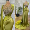 Arabic Lemon Green 2022 Mermaid Prom Dresses Sheer Mesh Top Sequin Beads Ruched Evening Occasion Wear Gowns Sheer Neck Sweep Train Robe de soriee BC9574 B0621