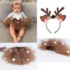 Fluffy Brown Deer Skirt Christmas Costume Kids Reindeer Tulle for Halloween Carnival Children Outfit 1-14 Years 220326