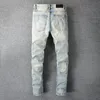 Man skinny fits jeans denim knie gescheurd met gat slank voor jongens heren fietser moto rechte been vintage distress beschadigde stretch broek lange rits hoog kwaliteit lichtblauw