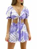Two Piece Dress Women's 2 Tie Puff Sleeve Short Print Suit Shorts V-Neck Cropped TopTwo