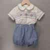 Zestawy odzieży Dzieci Boutique chłopiec ręcznie robiony haftowany zestaw niebieski bawełniany krótkie rękawy Babi urodziny eid sukienka chrzcąca