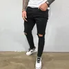 Men jeans knie gat gescheurd stretch dunne denim broek vaste kleur zwart blauw herfst zomer hiphop stijl slanke broek broek s4XL 220803