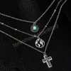 Bohemian Multi-Layer Zinc Alloy Necklace Vintage Map Cross Turquoise Pendant Necklace Women Neck Chain Party Jewets Gifts