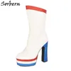 Sorbern الأبيض بريق المرأة أحذية بلوك الكعوب صنع من أجل مكتنزة عالية الكعب الجوارب تأثيري منصة الأحذية كبيرة الحجم 35-46