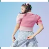 Nowe kobiety Turn Down kołnierz Krótkie puchanie Różowy kolor SWEAT TOP TEES Plus SMLXLXXL2102
