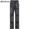 Women's Jeans SUCHCUTE Vintage Floral Print Women Jeans Harajuku Casual Hight Waist Streetwear Wide Leg Pants Kawaii Denim Trousers Autumn T220825