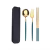 Servis uppsättningar 3 st/set bärbara guldpinnar gaffel sked sushi rostfritt stål kinesiska metallpinnar gadget tabellwaredinnerware setSdinne
