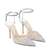 2023 Brand Bridal Shoes Women Dress Pumps Luxury Designer Brand Heel Saeda 100mm Crystal Strap Patent and Suede Pumpar Crystal-embellished Pointed Toe With Box