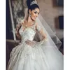 Novos vestidos de bola de mangas compridas elegantes Dubai vestidos de noiva pura da tripulação apliques de renda com miçangas de miçangas de novo vestidos de noiva