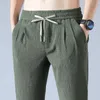 2022 Men's Summer Ultra-Thin Cotton Linen Pants Loose Straight Elastic Waist Laced Pants