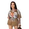 여름 그래픽 프린트 티셀 탑 여자를위한 티셔츠 딥 v- 넥 짧은 슬리브 힙합 거리 헴 스플릿 캐주얼 티 셔츠 8994