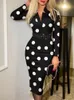 Vrouwen Sexy V-hals Hoge Taille Bodycon Party Jurk Mode Vintage Dots Print Lange Mouw Midi Jurk Dames Elegante Gordel Jurken 220316