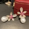 Orecchini a perno di fiori colorati di diamanti scintillanti per ragazze con le perle a ciondolo a drops perle di lusso in argento