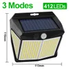 Utomhus Solar Light 412 LED Motion Sensor Ljus Vattentät solljus Powered 3 Mode Street Wall Lamp för Garden Patio Dekoration