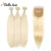 613 Blonde Bundles With Closure Human Hair Extensions 4x4 Transparent Color Lace Closure Brazilian Silky Straight Body Wave 3 Bundle Plus 1 Piece Can be Dyed