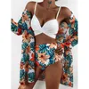 Taille haute 3 pièces Bikini ensemble avec couverture maillot de bain femmes imprimer à manches longues maillot de bain maillots de bain natation Biquini 220408