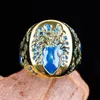 Anéis de casamento unissex punk estilo de ouro largo para homens homens esculpindo esmalte a criatividade de flores azuis jóias de jóias de toques de dedos