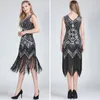 Damen 1920er Jahre Vintage Great Gatsby Kleid Doppel-V-Ausschnitt ärmelloses Perlen Pailletten Quastenkleid Art Deco Flapper Kleid für Party 220423