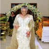 African Lace Wedding Dresses Wit long Wrap Tassels gold champagne Plus Size Bridal Dress Long Sleeve Appliques Beads Sheer Neck vestidos de novia