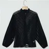 Sexy Black Women's Mesh Sheer Shirt Ladies Long Sleeve Striped Front Cutout Sheer Shirt 220812