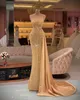 Utsökt guld sjöjungfru aftonklänningar med avtagbart tåg pärlstav kristall vestidos de fiesta dubai arabisk prom klänning
