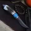 New R7106 Damascus Survival Straight Hunting Knife Damascuss Steel Drop Point Blade Horn & Steel Head Handle Fixed Blades Knives with Leather Sheath