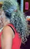 Coda di cavallo capelli umani grigi naturali avvolge la clip in coulisse da 16 pollici ricci bicolore con riflessi sale pepe grigio argento onda profonda pezzo di capelli 120g