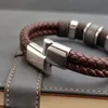 Vintage Brown Brown Brown Leather Men Bracelet Bracelet Stone Bracelet