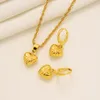 Collier et boucles d'oreilles en or massif jaune 24 carats pour femmes, pendentif Heatrt, médaillon en forme de cœur, bijoux à la mode