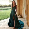 Spaghetti Straps Formal Evening Dresses with Side Slit Sweep Train Satin Prom Gowns Plus Size