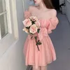 ピンクの甘いエレガントな王女のドレス女性のカジュアルな韓国のスリム長袖のおとぎのドレス女性の背中のデザインヴィンテージのドレス220316