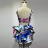 Ailigou Printed Blue Two-Piece Women'S V-Neck Sleeveless Short Top High Waist Mini Skirt Sexy Sequined Two-Piece Set 220506