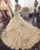 2022 Mermaid Vestres de noiva Chapel Train Cascading Ruffles Salia em camadas de espaguete de espaguete de casamento personalizado vestido de noiva vestido de novia