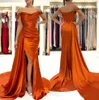 Orange Off the Counter Satin Split Dress Dresses 2022 Ruched Sweep Train Party Party Plus Size Sweep Train Train Brad Bc11177