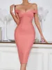 Casual Dresses Women Summer Style Sexy Off Shoulder Pink Midi Bodycon Bandage Dress 2022 Elegant Evening Party Club DressCasual