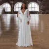 Elegante vestido de novia de playa con cuello en v manga larga sin espalda una línea de gasa vestido de novia tren de barrido vestidos de novia por encargo