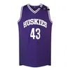 Maillots de basket-ball Kenny Tyler # 43 HUSKIES Le maillot de basket-ball du film Sixth Man Le 6ème chemise violette Marlon Wayans Ayans cousue