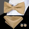 Fashion Gold Business Wedding Bowties For Men Broche Pocket Square Cufflinks Set Silk Bow Tie NecTie