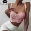 Asia Underwire Mesh Corset Women Sexy Boned Push Up Padded Crop Tops Summer Ruffles Back Single-Breasted Bustier Pink 210326