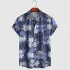 Polo da uomo Camicie hawaiane traspiranti estive da uomo Camicia da uomo in cotone e lino con stampa floreale blu a maniche corte Chemise Homme